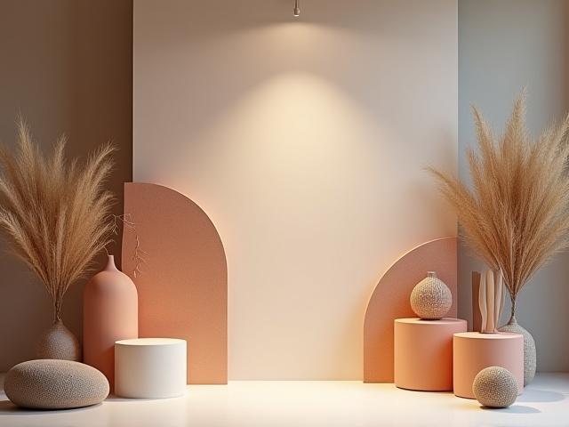 Isang customized na studio set na may abstract backdrop and props para sa pagkuha ng larawan ng mga produkto.