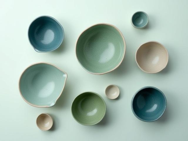 Koleksyon ng mga ceramic bowl na magkakasama, perpekto para sa isang e-commerce digital catalog.