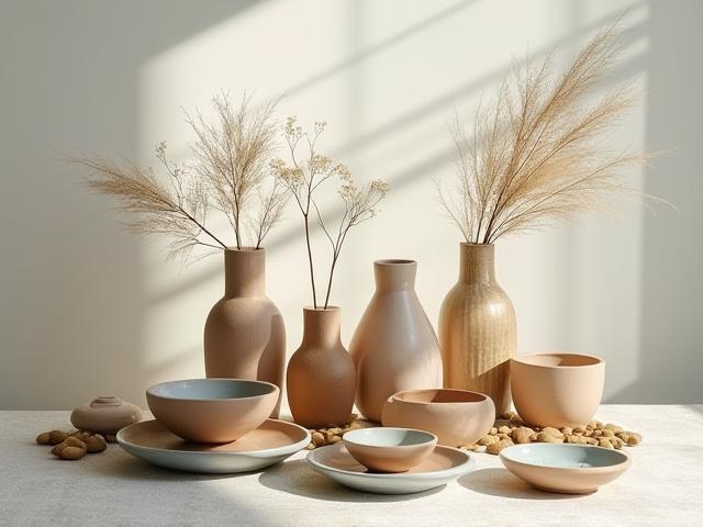 Artistikong pagkakahanay ng iba't ibang glassware at ceramic pieces na may palamuti, nagpapakita ng propesyonal na styling.