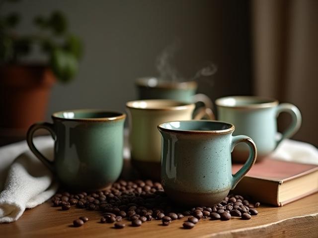 Collection of artistically styled ceramic coffee mugs