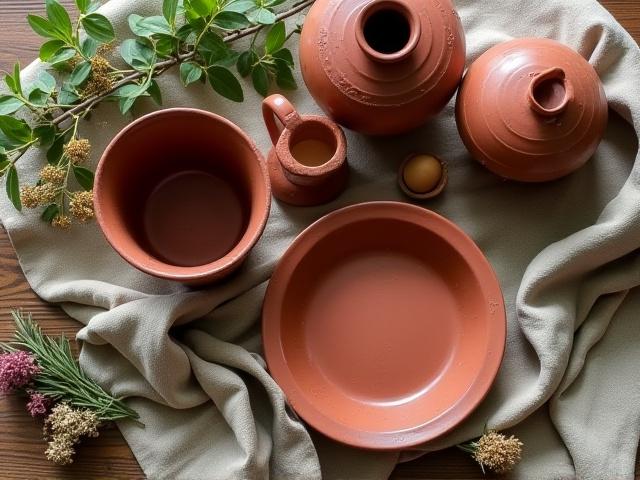 Rustic styled scene with handmade pottery and natural elements